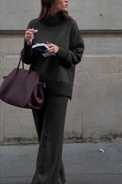 Double Soft Turtleneck Side Zipper Sweatshirt and Elastic Waist Pocketed Loose Pants Set  (Shipped Within 24 Hours)