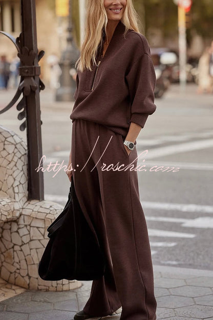 Meet The Autumn Ribbed Zipper Neck Sweatshirt and Elastic Waist Pocketed Loose Pants Set