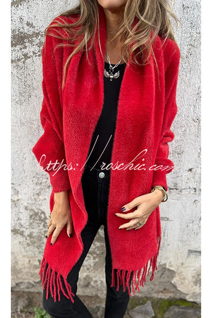 Cashmere-Warm Corner Knit Plush Tassel Trim Relaxed Shawl Cardigan