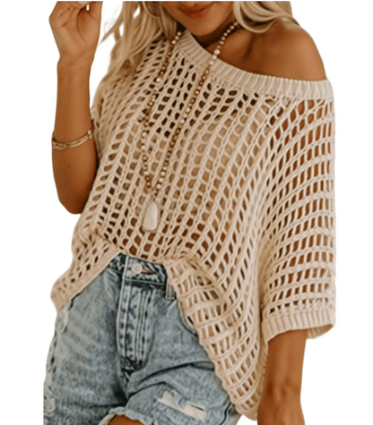 🎁 Womens Summer Scoop Neck Short Sleeve Sweater Casual Crochet Hollow Out Knit Tops Pullover Shirts Beach Coverup