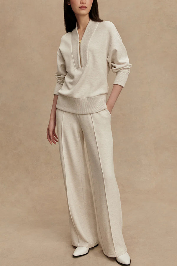 Meet The Autumn Ribbed Zipper Neck Sweatshirt and Elastic Waist Pocketed Loose Pants Set