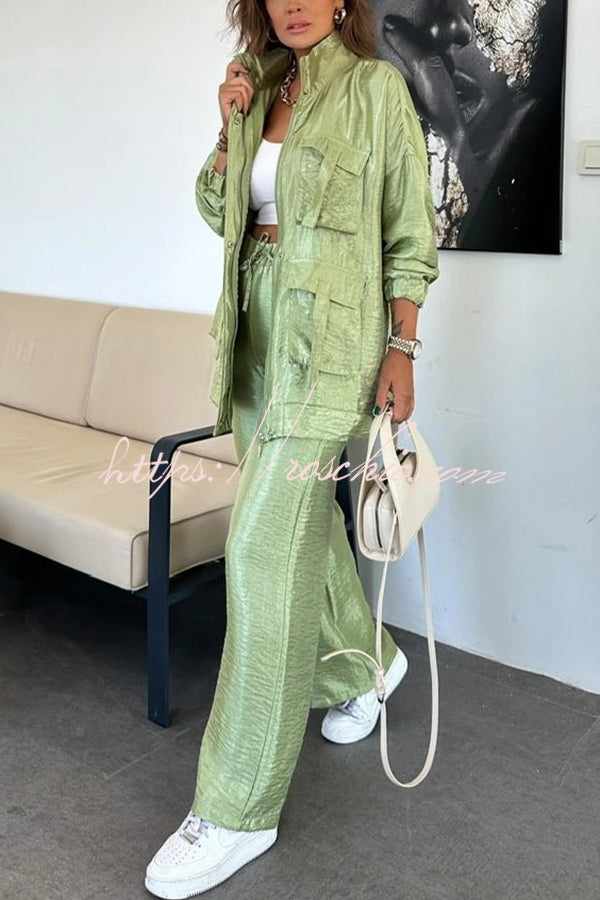 Easy on Me Metallic Fabric Flap Pocket Cargo Style Zipper Loose Set (Shipped Within 24 Hours)