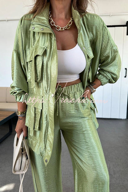 Easy on Me Metallic Fabric Flap Pocket Cargo Style Zipper Loose Set (Shipped Within 24 Hours)