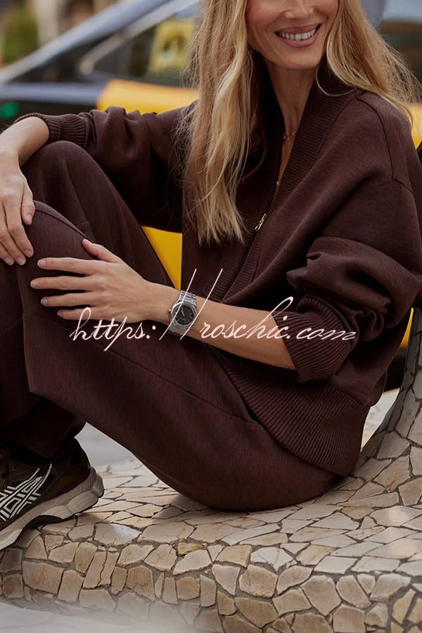 Meet The Autumn Ribbed Zipper Neck Sweatshirt and Elastic Waist Pocketed Loose Pants Set