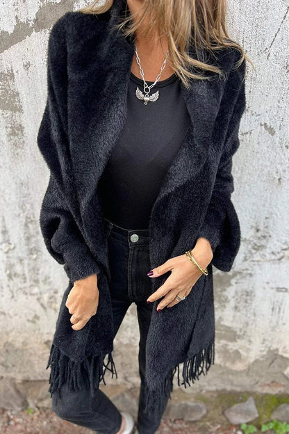 Cashmere-Warm Corner Knit Plush Tassel Trim Relaxed Shawl Cardigan