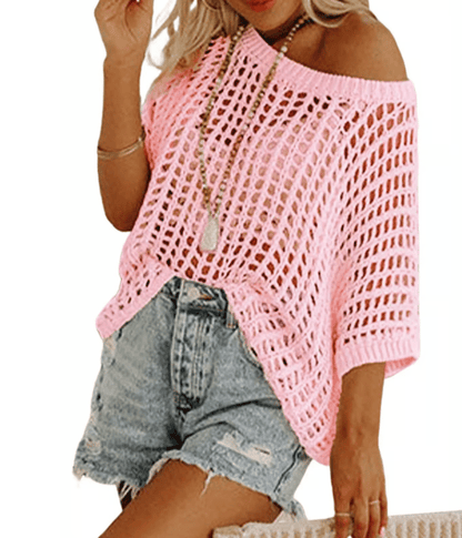 🎁 Womens Summer Scoop Neck Short Sleeve Sweater Casual Crochet Hollow Out Knit Tops Pullover Shirts Beach Coverup