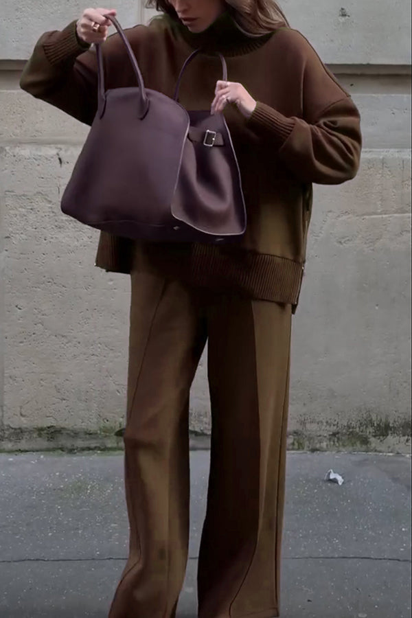 Double Soft Turtleneck Side Zipper Sweatshirt and Elastic Waist Pocketed Loose Pants Set  (Shipped Within 24 Hours)