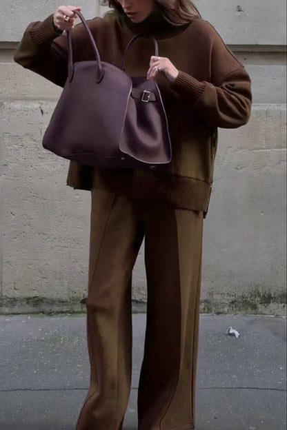 Double Soft Turtleneck Side Zipper Sweatshirt and Elastic Waist Pocketed Loose Pants Set  (Shipped Within 24 Hours)