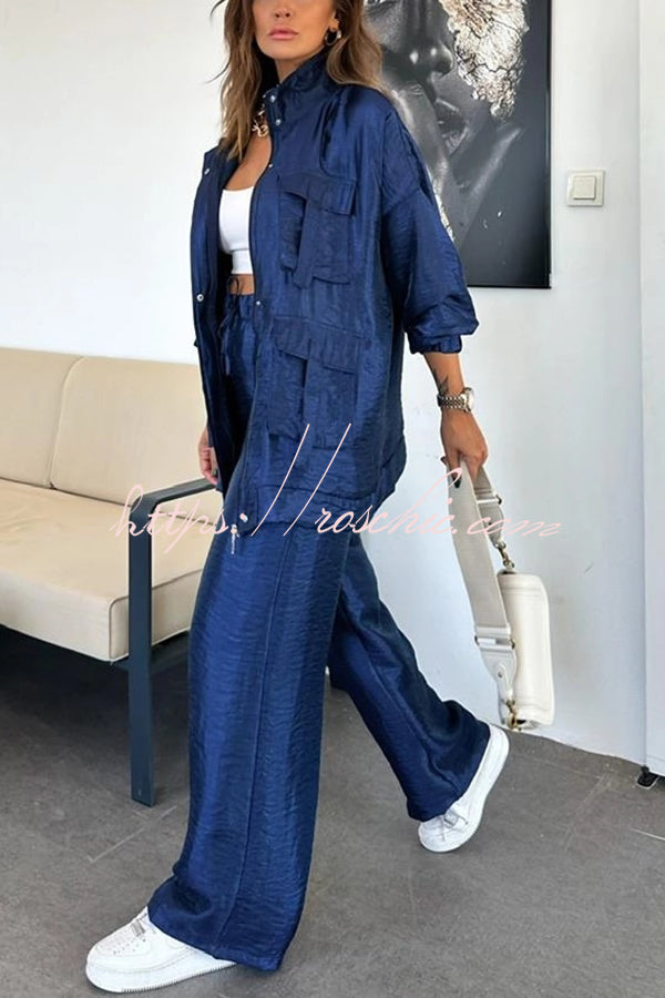 Easy on Me Metallic Fabric Flap Pocket Cargo Style Zipper Loose Set (Shipped Within 24 Hours)