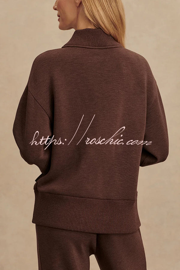 Meet The Autumn Ribbed Zipper Neck Sweatshirt and Elastic Waist Pocketed Loose Pants Set