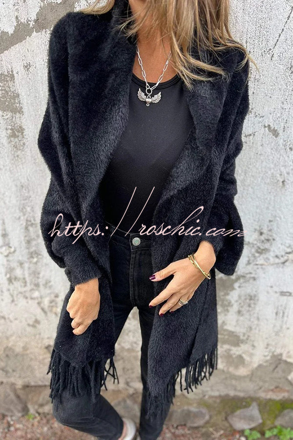 Cashmere-Warm Corner Knit Plush Tassel Trim Relaxed Shawl Cardigan