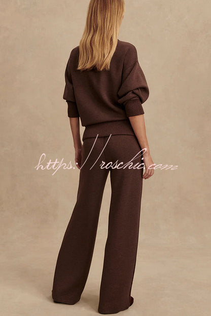 Meet The Autumn Ribbed Zipper Neck Sweatshirt and Elastic Waist Pocketed Loose Pants Set