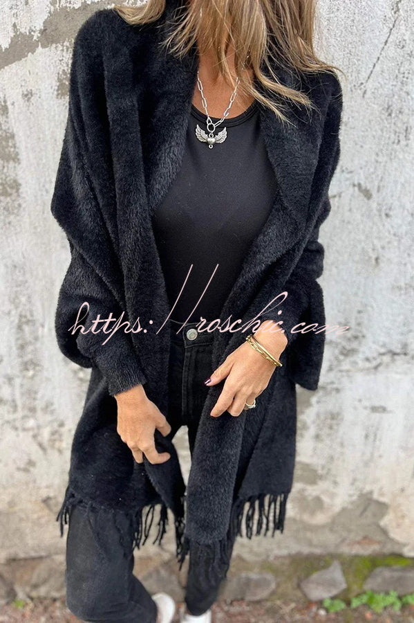 Cashmere-Warm Corner Knit Plush Tassel Trim Relaxed Shawl Cardigan