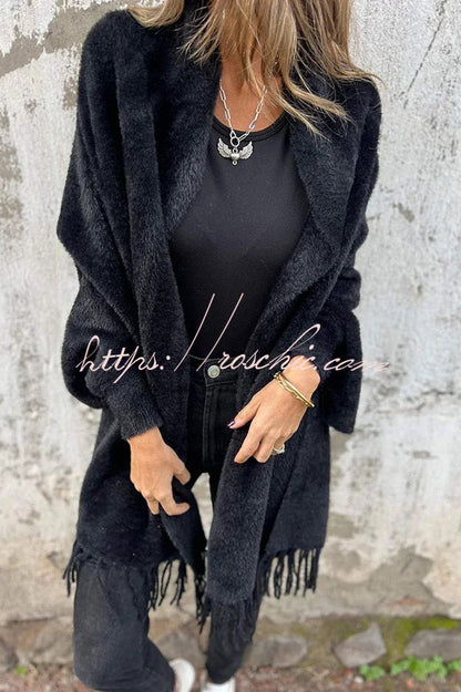 Cashmere-Warm Corner Knit Plush Tassel Trim Relaxed Shawl Cardigan