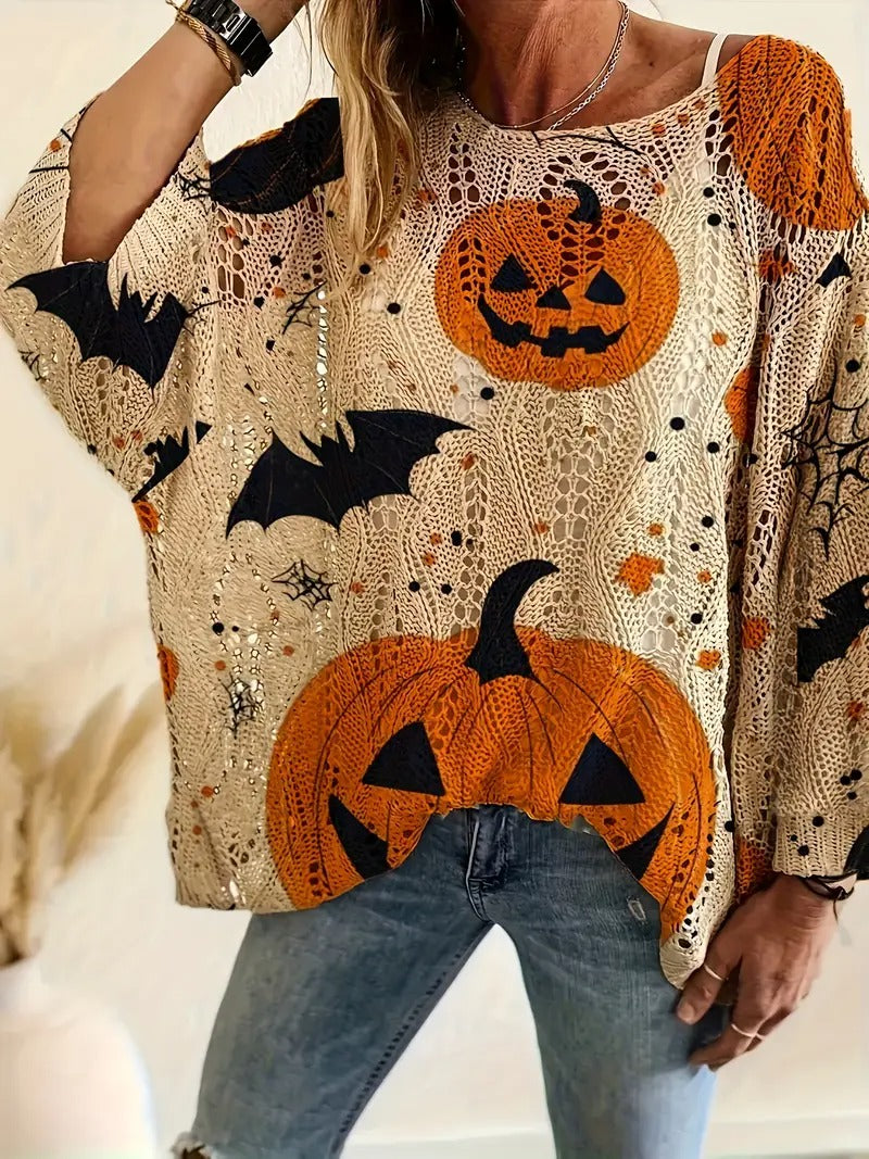 ✨Halloween Crew Neck Pumpkin Loose Fit Long Sleeve Cutout Sweater(BUY 2 FREE SHIPPING)