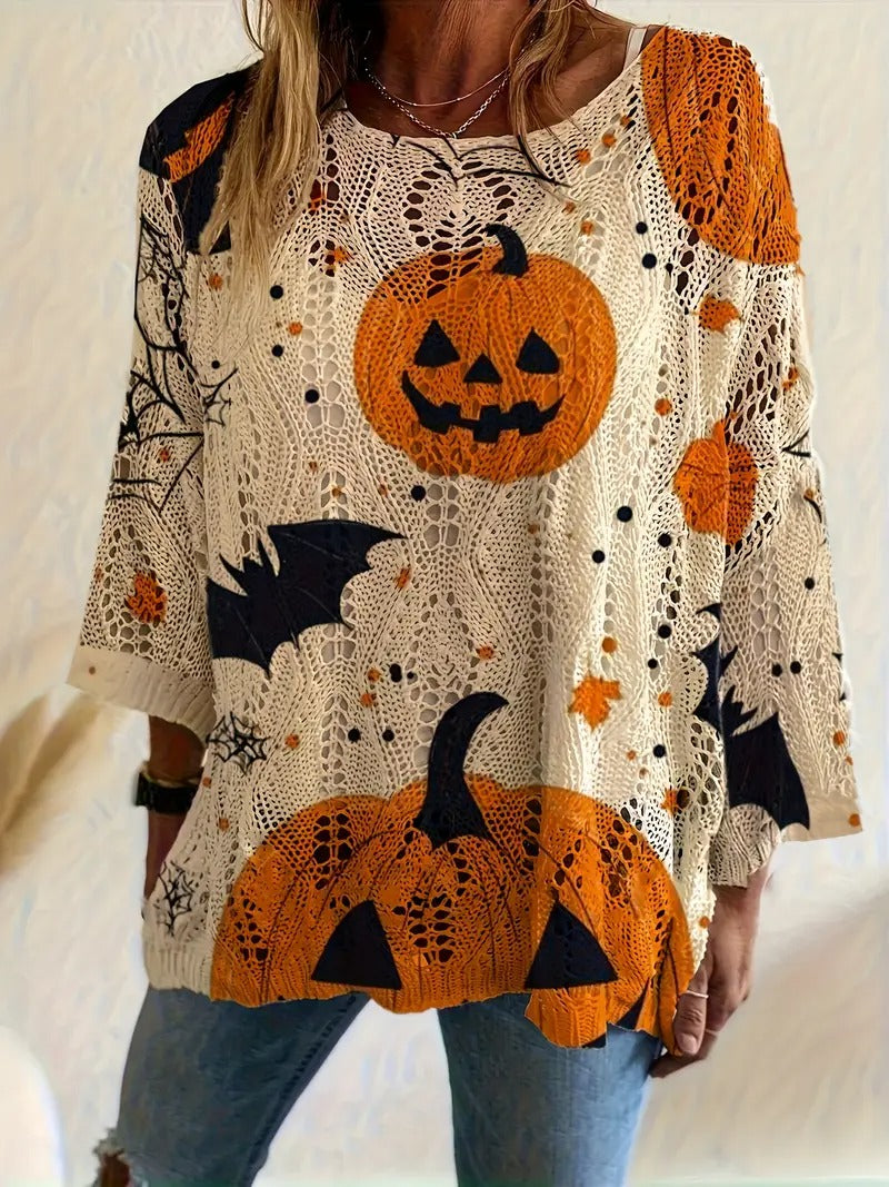 ✨Halloween Crew Neck Pumpkin Loose Fit Long Sleeve Cutout Sweater(BUY 2 FREE SHIPPING)