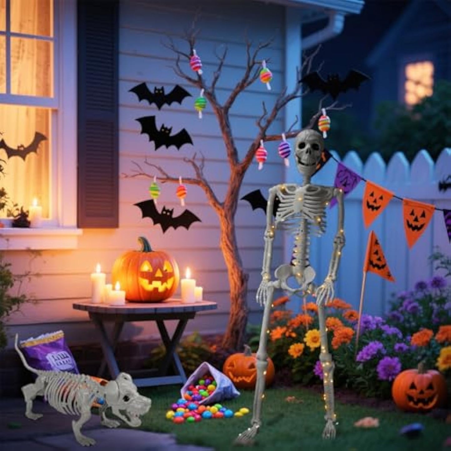 Lighted Human & Dog Skeleton Halloween Decorations Outdoor/Indoor - 36 Inch