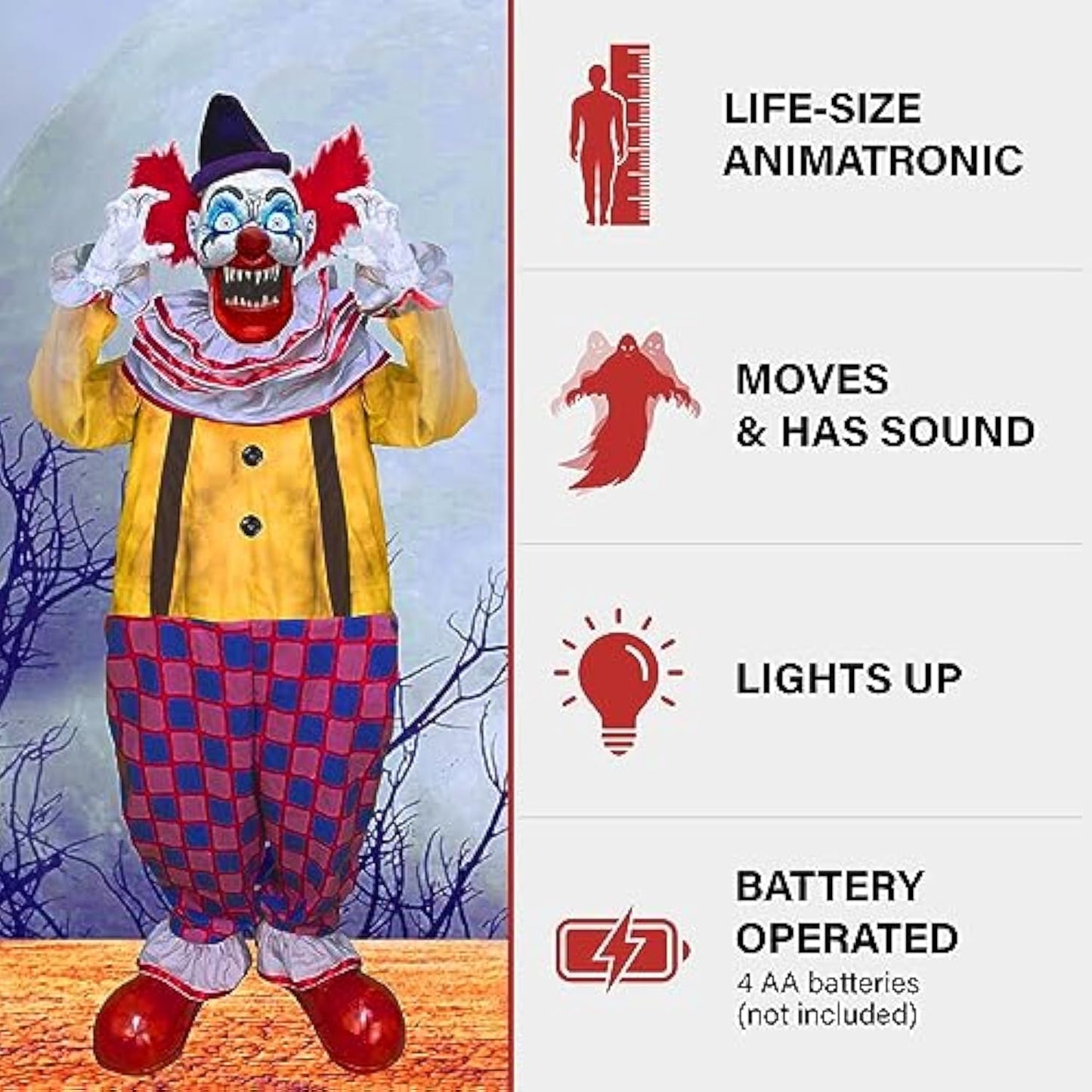 Haunted Hill Farm Motion-Activated Startling Arms Clown by Tekky-Plug-in or Battery Operated